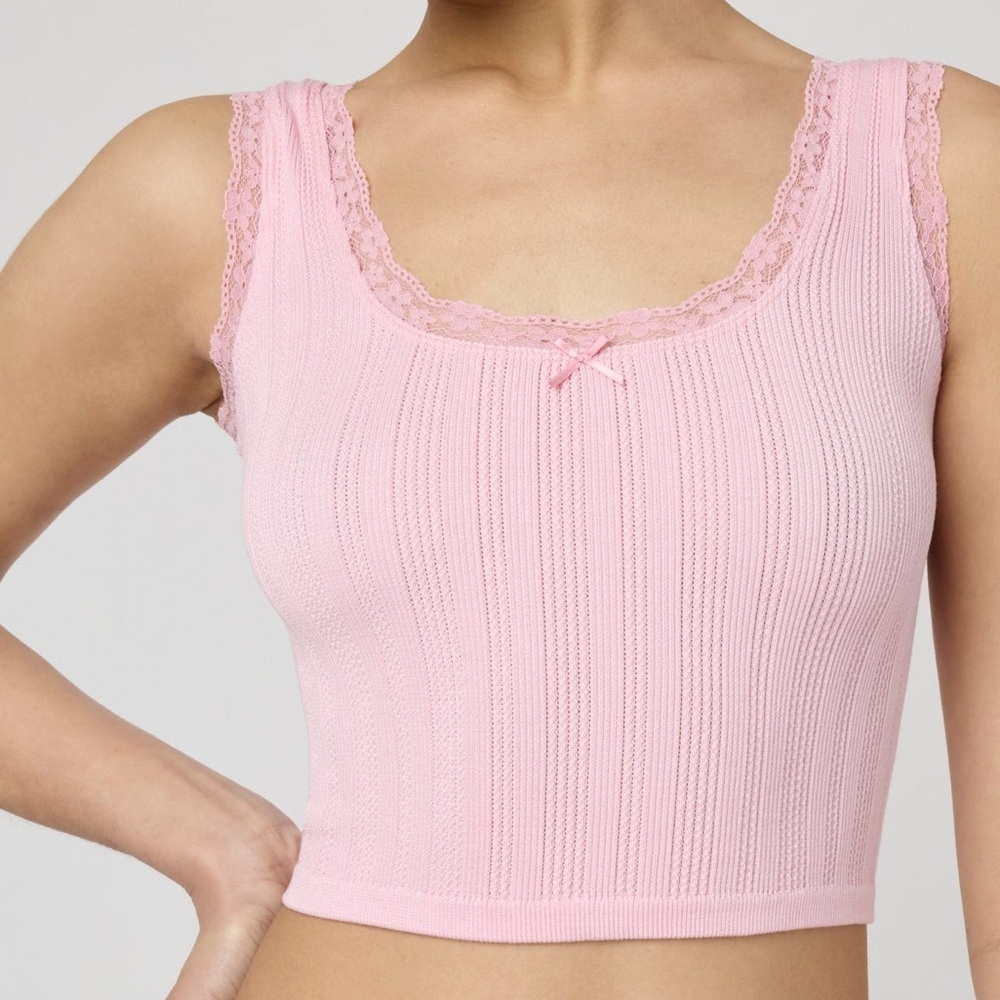 New Large Florence by Mills Pink Ribbed Lace Cropped Tank Soft Girl Summer Top